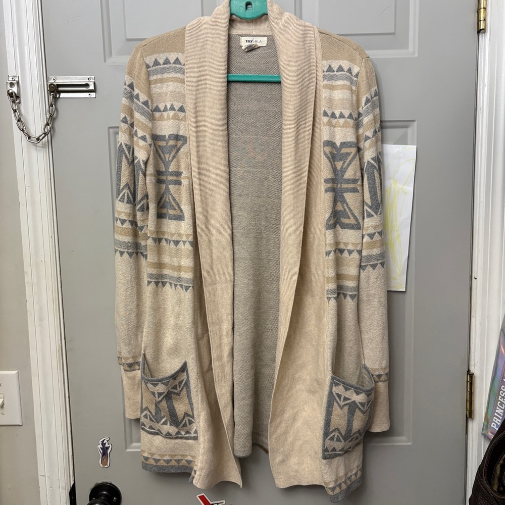 Beige Aztec Print Cotton Cardigan